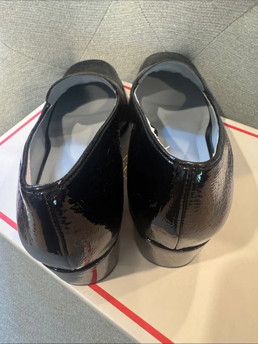 Frances Valentine Black crinkle soft Patent Loafers Gold FV Logo-Twiggy Loafer - Picture 3 of 11